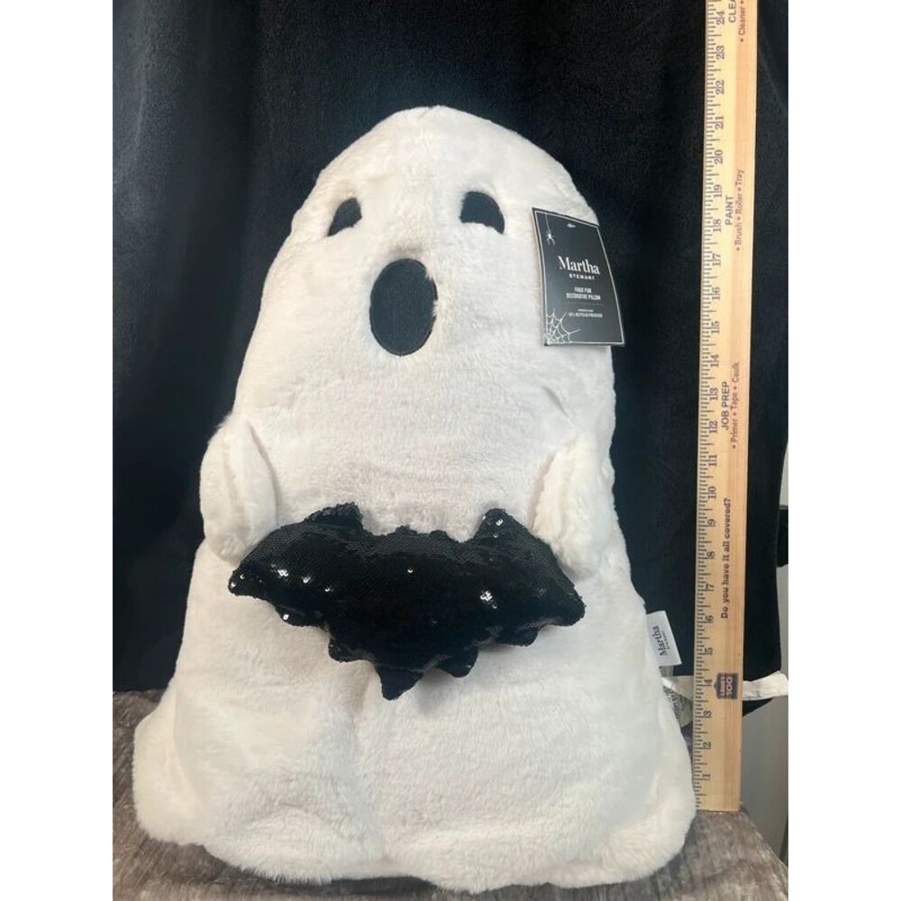 Martha Stewart Plush Ghost Pillow with Sequin Bat Halloween Decor ~22”